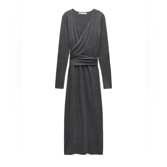 Zara NWT Medium Wool Blend Knit Wrap MIDI Dress Gray V-neck Light Knit - Picture 1 of 9